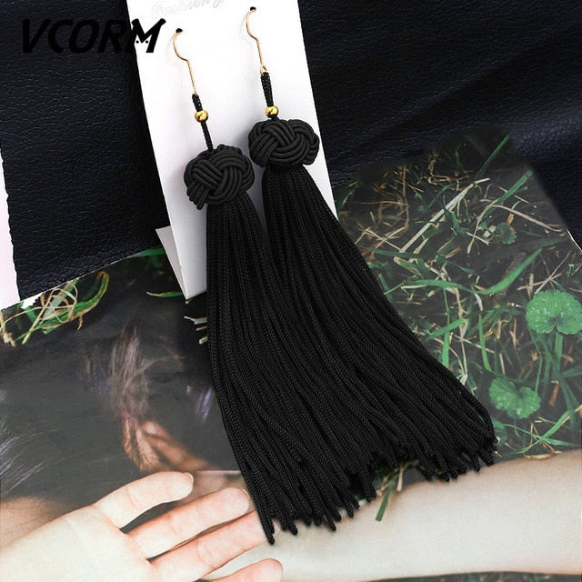 VCORM Bohemian Tassel Crystal Long Drop Earrings for Women Red Cotton Silk Fabric Fringe Earrings 2019 Fashion Woman Jewelry