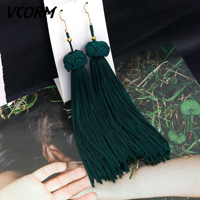 VCORM Bohemian Tassel Crystal Long Drop Earrings for Women Red Cotton Silk Fabric Fringe Earrings 2019 Fashion Woman Jewelry