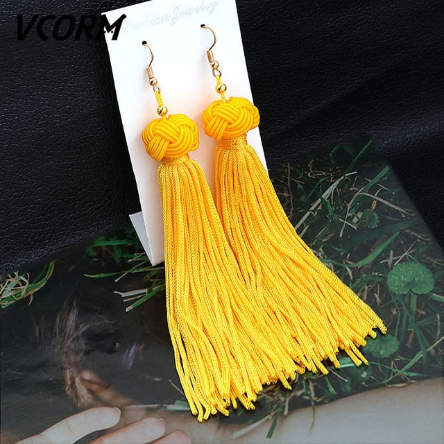 VCORM Bohemian Tassel Crystal Long Drop Earrings for Women Red Cotton Silk Fabric Fringe Earrings 2019 Fashion Woman Jewelry