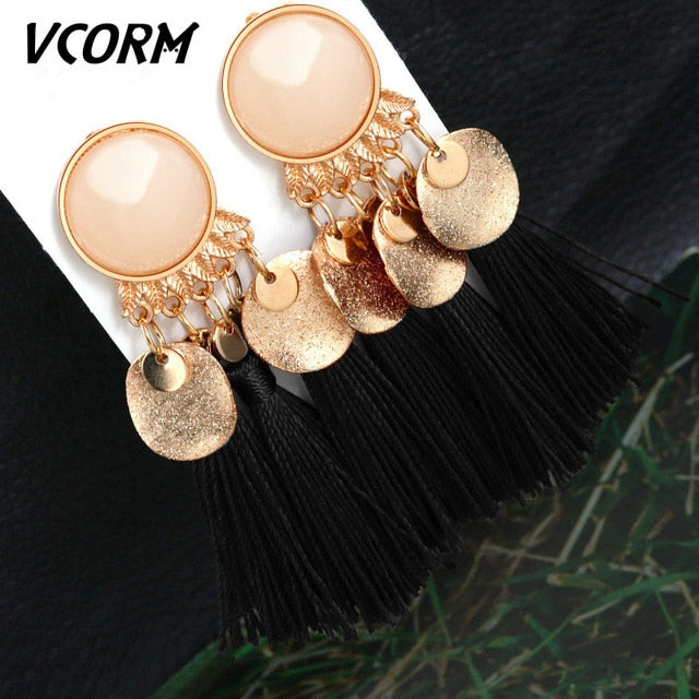 VCORM Bohemian Tassel Crystal Long Drop Earrings for Women Red Cotton Silk Fabric Fringe Earrings 2019 Fashion Woman Jewelry