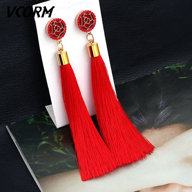 VCORM Bohemian Tassel Crystal Long Drop Earrings for Women Red Cotton Silk Fabric Fringe Earrings 2019 Fashion Woman Jewelry