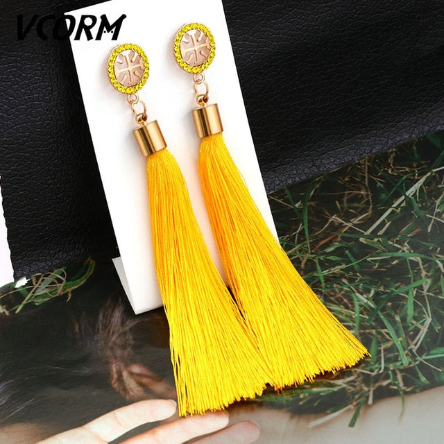 VCORM Bohemian Tassel Crystal Long Drop Earrings for Women Red Cotton Silk Fabric Fringe Earrings 2019 Fashion Woman Jewelry