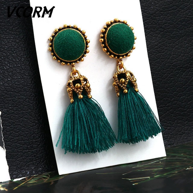 VCORM Bohemian Tassel Crystal Long Drop Earrings for Women Red Cotton Silk Fabric Fringe Earrings 2019 Fashion Woman Jewelry