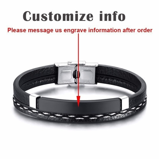 Vnox Multi Layer Leather Bracelets for Men Women Customizable Engraving Stainless Steel Bar Bangles Casual Personalized Pulseira