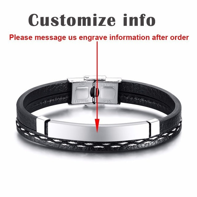 Vnox Multi Layer Leather Bracelets for Men Women Customizable Engraving Stainless Steel Bar Bangles Casual Personalized Pulseira