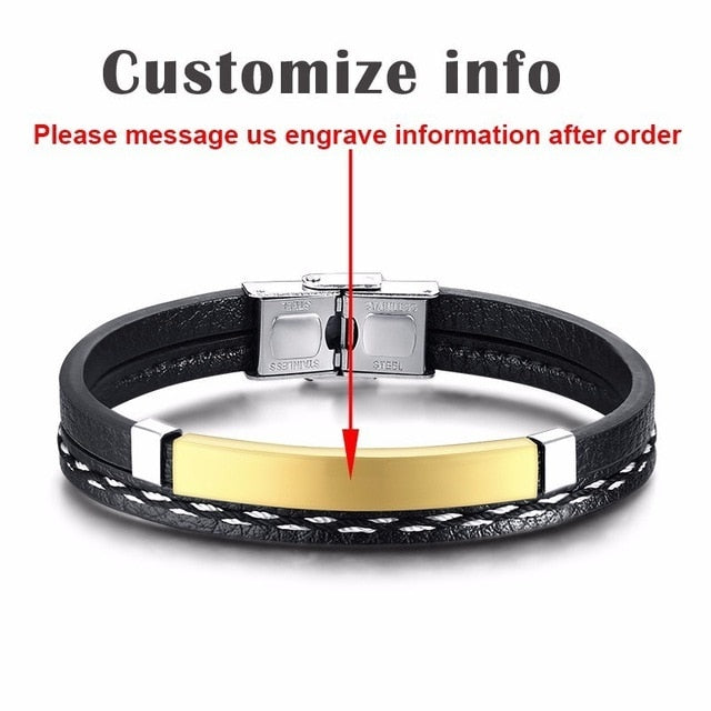 Vnox Multi Layer Leather Bracelets for Men Women Customizable Engraving Stainless Steel Bar Bangles Casual Personalized Pulseira