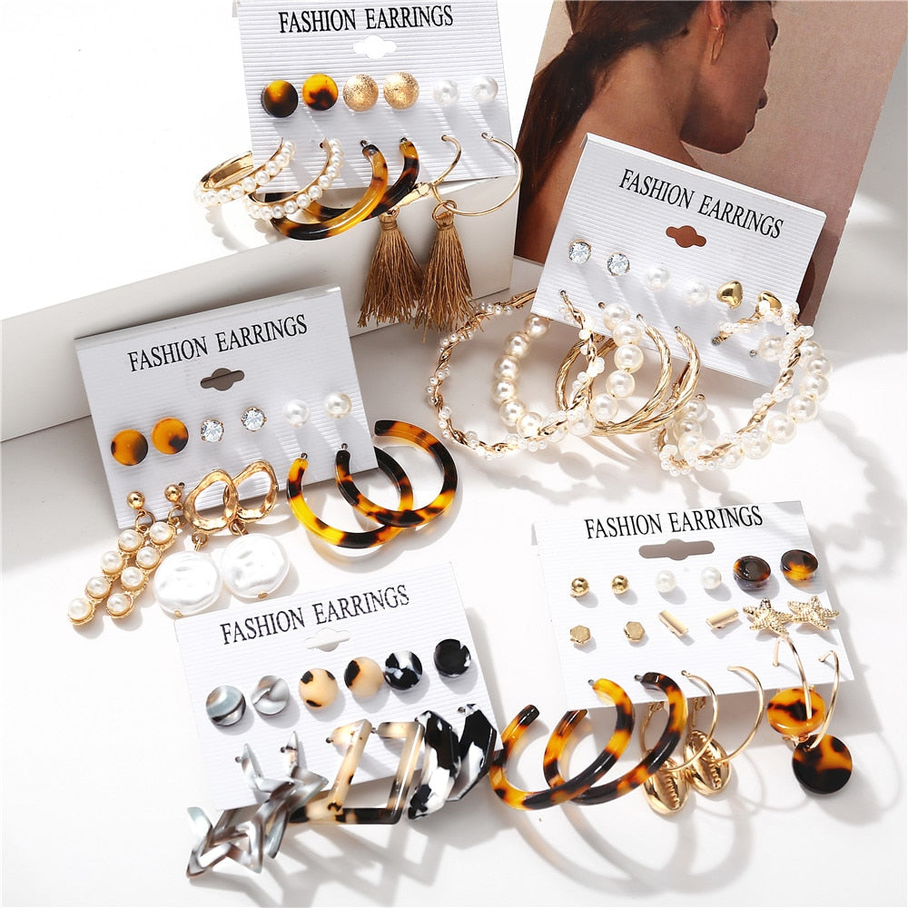 17KM Fashion Acrylic Shell Earrings Set For Women Bohemian Leopard Tassel Long Stud Earrings 2019 Brincos Geometric DIY Jewelry