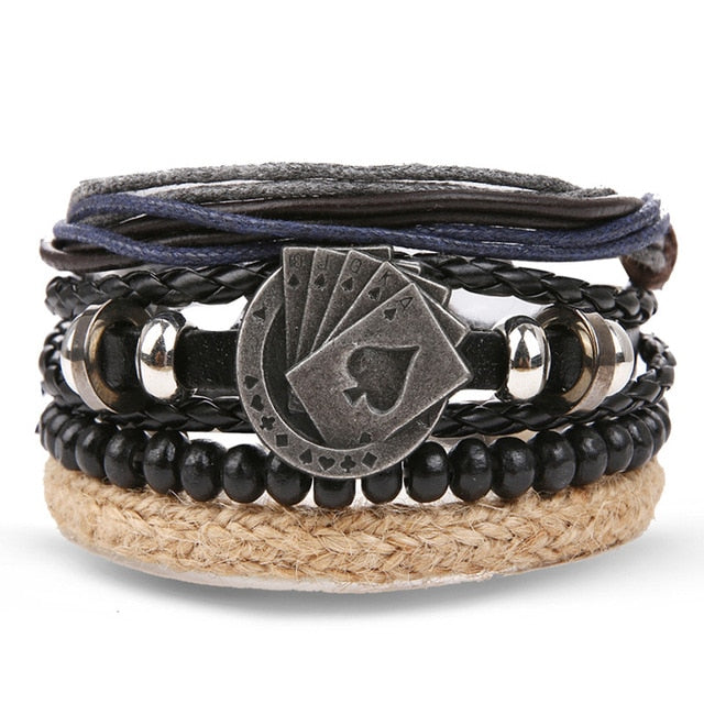 Fashion Leaf Feather Charm Leather Bracelet Men