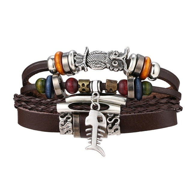 Fashion Leaf Feather Charm Leather Bracelet Men