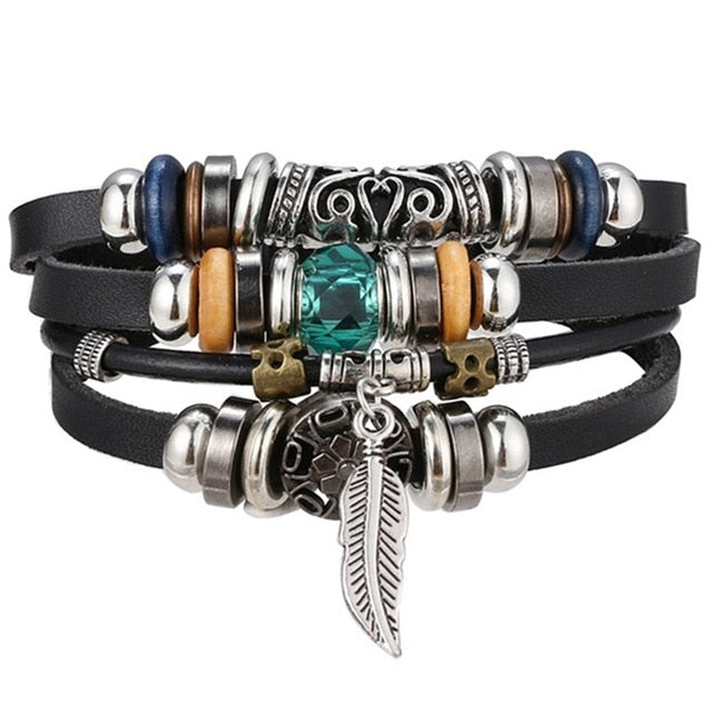 Fashion Leaf Feather Charm Leather Bracelet Men