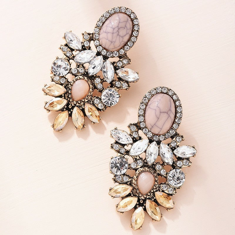 Pink Stone Crystal Flower Drop Earrings for Women Fashion Gold Rhinestones Earrings Modern Jewelry Gift