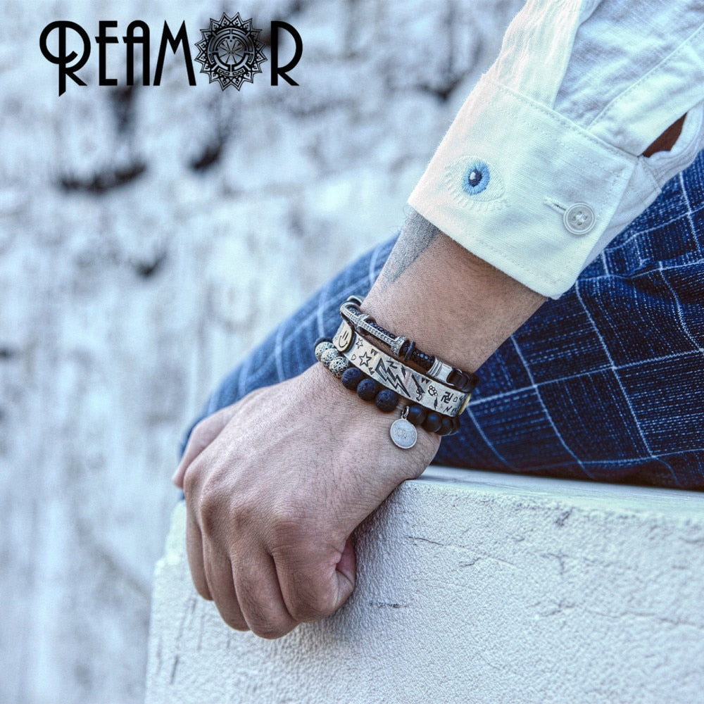 REAMOR Gold Natural Lava Stone Energy Beads Strand Bracelets Stainless steel Pulseira Masculina Jewelry For Men