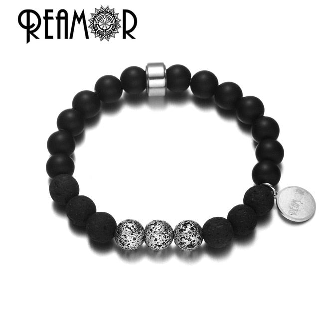 REAMOR Gold Natural Lava Stone Energy Beads Strand Bracelets Stainless steel Pulseira Masculina Jewelry For Men