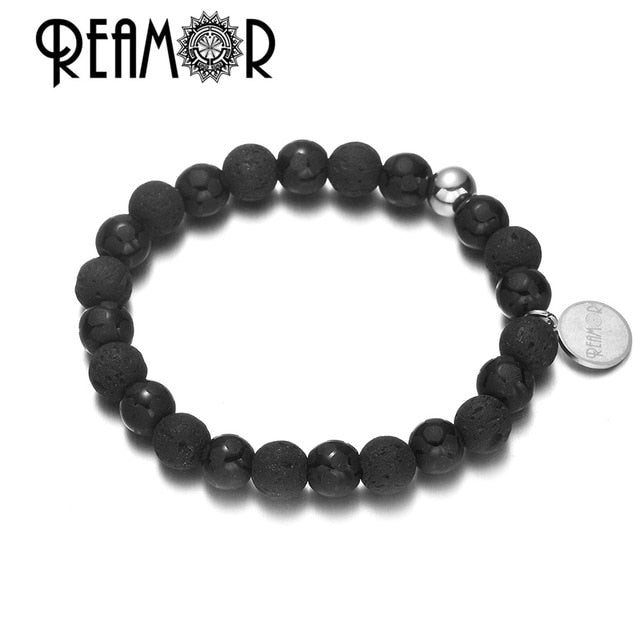 REAMOR Gold Natural Lava Stone Energy Beads Strand Bracelets Stainless steel Pulseira Masculina Jewelry For Men