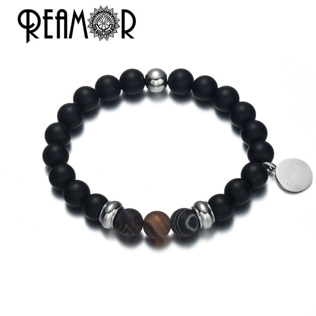 REAMOR Gold Natural Lava Stone Energy Beads Strand Bracelets Stainless steel Pulseira Masculina Jewelry For Men