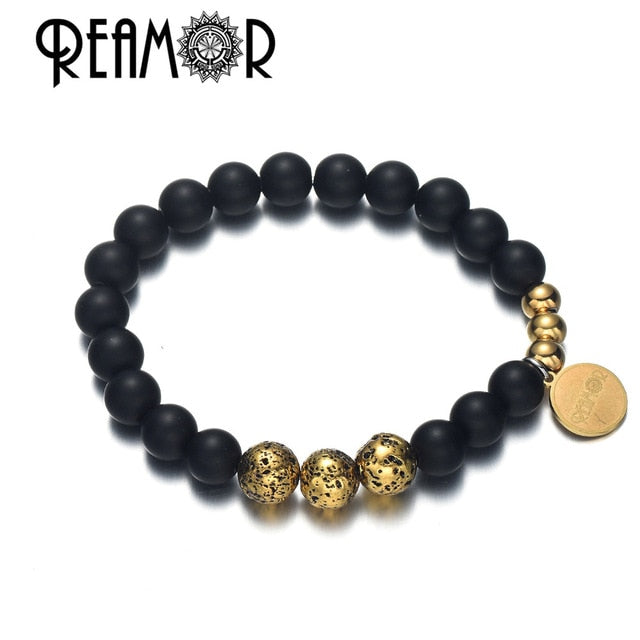 REAMOR Gold Natural Lava Stone Energy Beads Strand Bracelets Stainless steel Pulseira Masculina Jewelry For Men