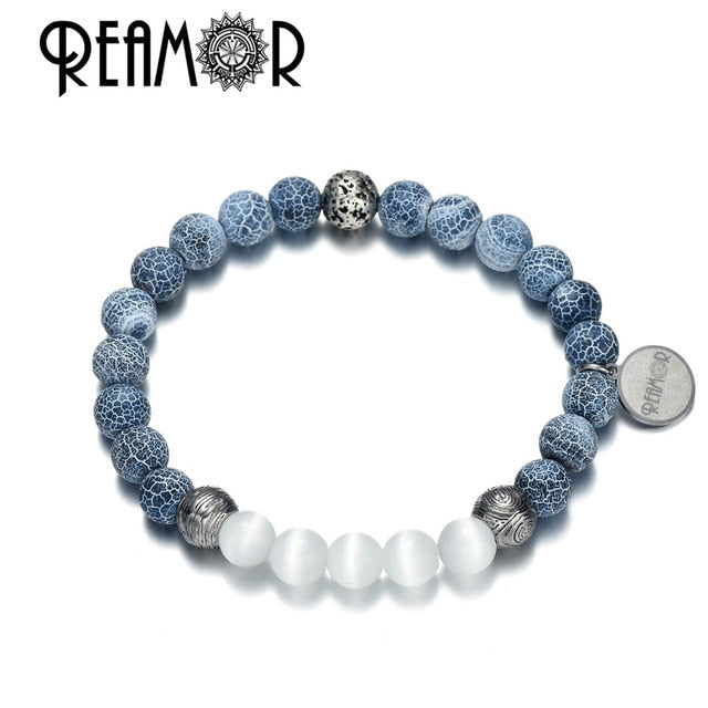 REAMOR Gold Natural Lava Stone Energy Beads Strand Bracelets Stainless steel Pulseira Masculina Jewelry For Men