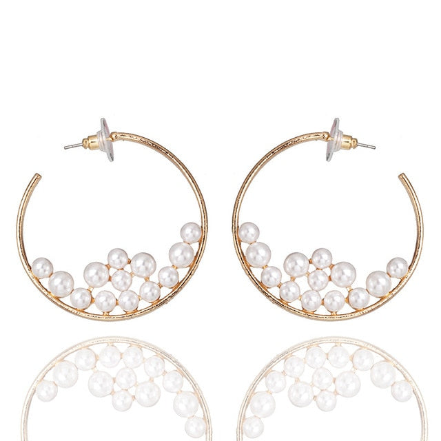 New Boho White Imitation Pearl Round Circle Hoop Earrings Women Gold Color Big Earings Korean Jewelry Brincos Statement Earrings