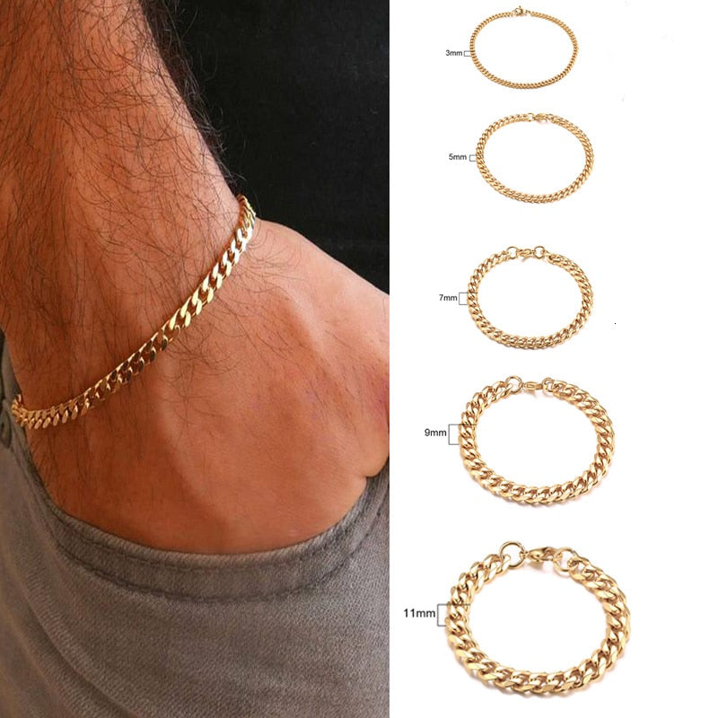 Men's Bracelet Curb Cuban Link Chain Stainless Steel Mens Womens Bracelets Bangle Gold Tone No Fade 3mm to 11mm