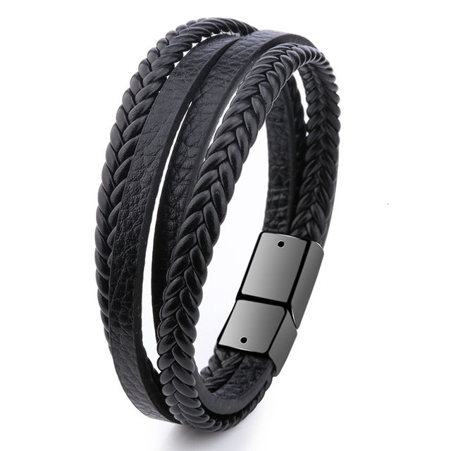 Bracelet Men Multilayer Leather Bangles Magnetic-clasp Cowhide Braided Multi Layer Wrap Trendy Bracelet Armband pulsera hombre