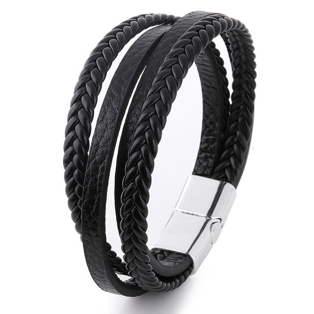 Bracelet Men Multilayer Leather Bangles Magnetic-clasp Cowhide Braided Multi Layer Wrap Trendy Bracelet Armband pulsera hombre