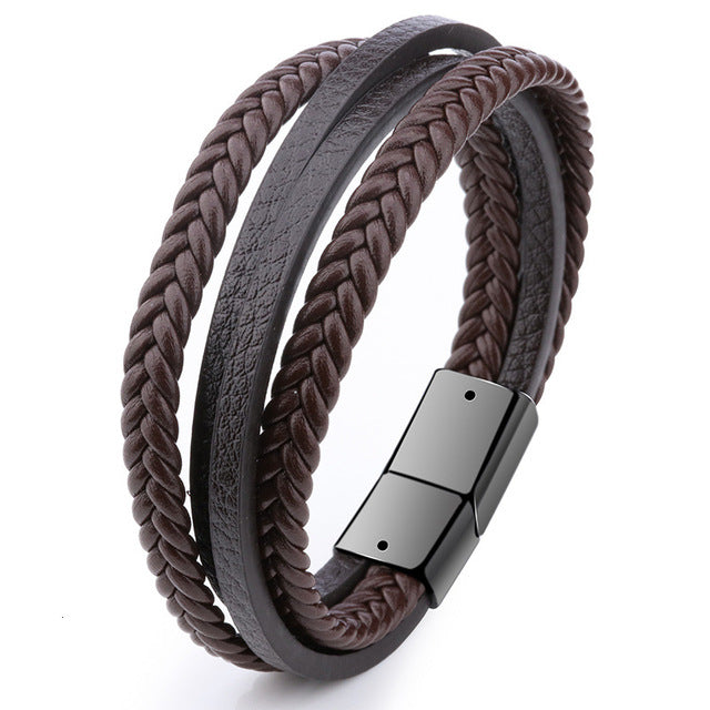 Bracelet Men Multilayer Leather Bangles Magnetic-clasp Cowhide Braided Multi Layer Wrap Trendy Bracelet Armband pulsera hombre