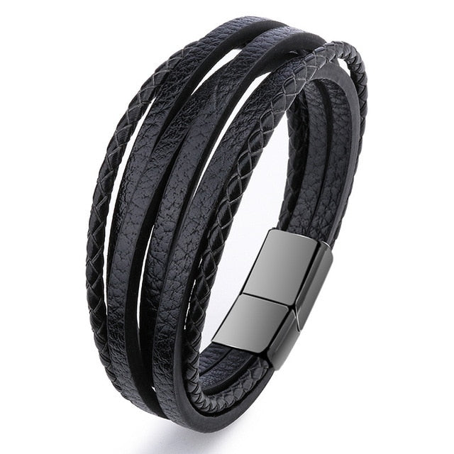 Bracelet Men Multilayer Leather Bangles Magnetic-clasp Cowhide Braided Multi Layer Wrap Trendy Bracelet Armband pulsera hombre