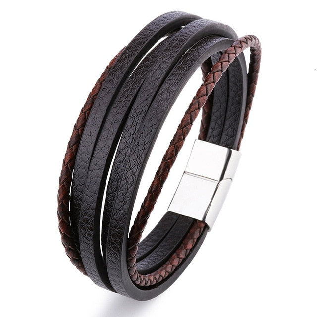 Bracelet Men Multilayer Leather Bangles Magnetic-clasp Cowhide Braided Multi Layer Wrap Trendy Bracelet Armband pulsera hombre