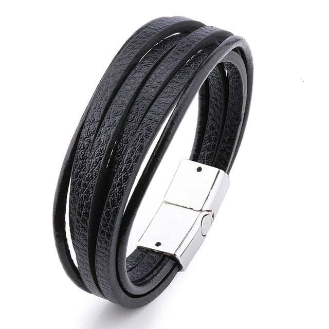 Bracelet Men Multilayer Leather Bangles Magnetic-clasp Cowhide Braided Multi Layer Wrap Trendy Bracelet Armband pulsera hombre