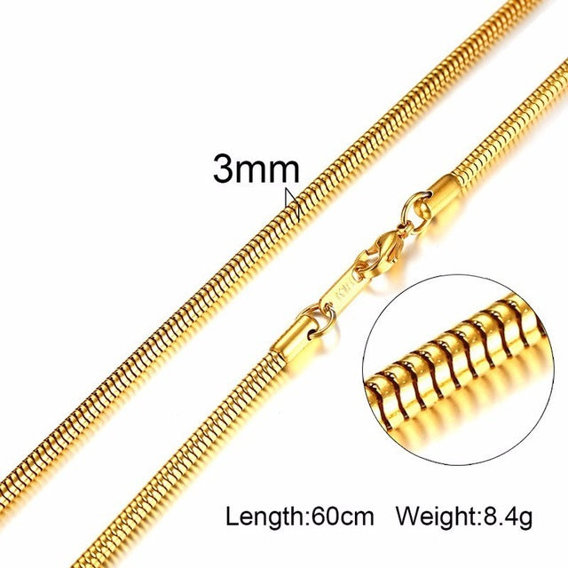 3-6MM Men Necklace Gold Tone Snake Chain Miami Cuba Link with Round Box and Wheat Chains Stainless Steel Choker Jewelry 24-27in