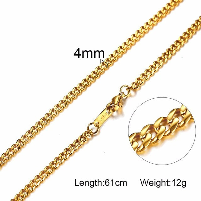 3-6MM Men Necklace Gold Tone Snake Chain Miami Cuba Link with Round Box and Wheat Chains Stainless Steel Choker Jewelry 24-27in