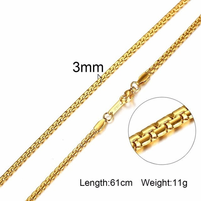 3-6MM Men Necklace Gold Tone Snake Chain Miami Cuba Link with Round Box and Wheat Chains Stainless Steel Choker Jewelry 24-27in