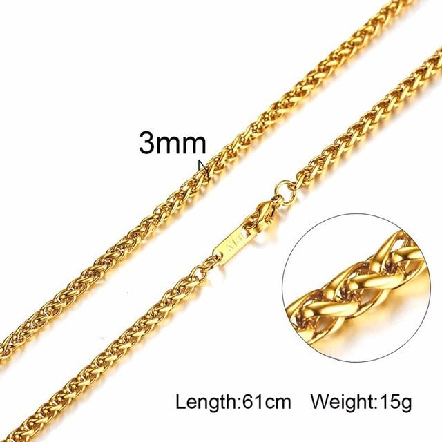 3-6MM Men Necklace Gold Tone Snake Chain Miami Cuba Link with Round Box and Wheat Chains Stainless Steel Choker Jewelry 24-27in