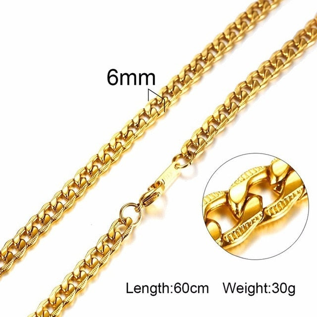 3-6MM Men Necklace Gold Tone Snake Chain Miami Cuba Link with Round Box and Wheat Chains Stainless Steel Choker Jewelry 24-27in