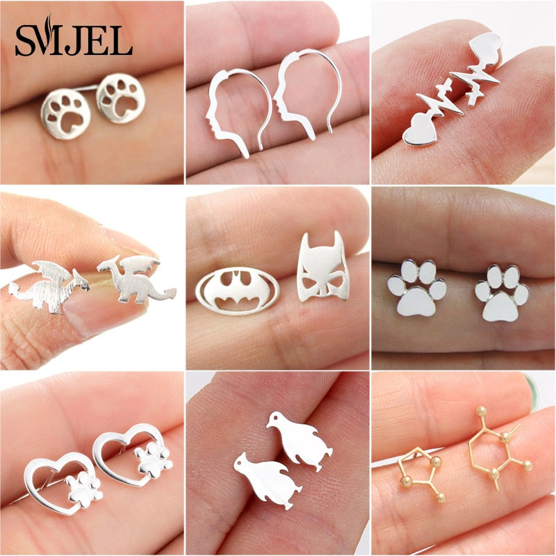 SMJEL Trendy Dog Paw Earrings for Women Small Fashion Earings Jewelry Metal Cat Heart Stud Earring Ear Piercing Girl oorbellen