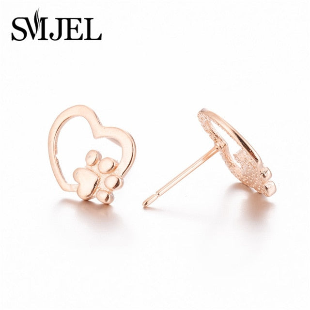 SMJEL Trendy Dog Paw Earrings for Women Small Fashion Earings Jewelry Metal Cat Heart Stud Earring Ear Piercing Girl oorbellen