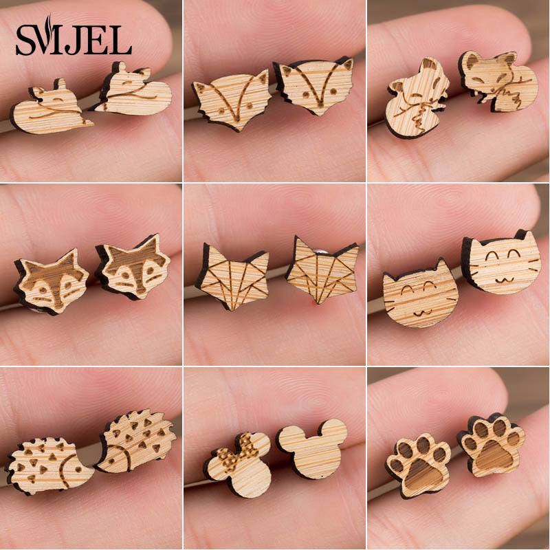 SMJEL Wood Earings Jewelry Cute Animal Fox Stud Earring for Women Girls Kids Mickey Ear Earrings Piercing Pendients Party Gifts