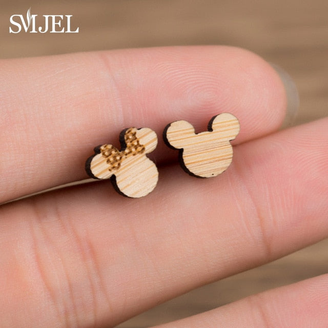 SMJEL Wood Earings Jewelry Cute Animal Fox Stud Earring for Women Girls Kids Mickey Ear Earrings Piercing Pendients Party Gifts