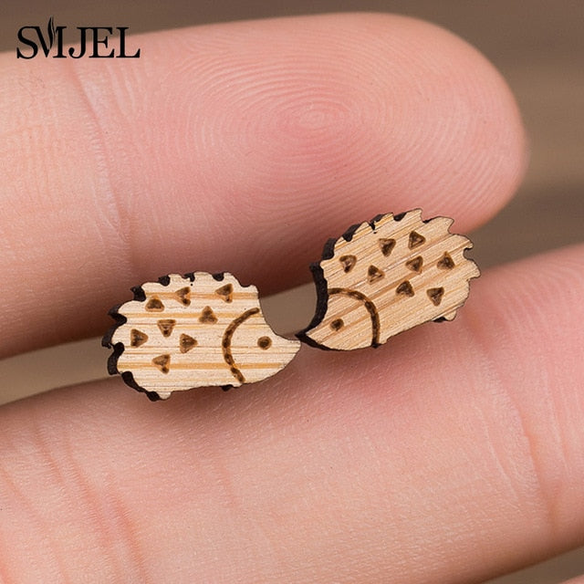 SMJEL Wood Earings Jewelry Cute Animal Fox Stud Earring for Women Girls Kids Mickey Ear Earrings Piercing Pendients Party Gifts