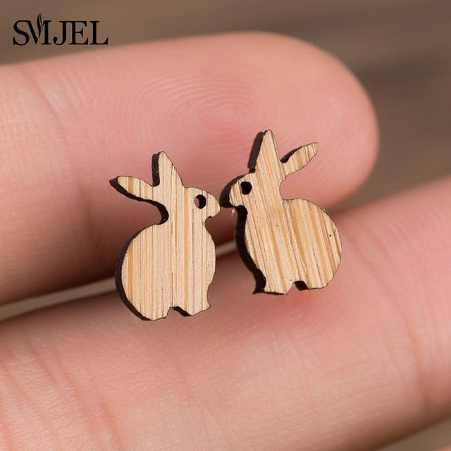 SMJEL Wood Earings Jewelry Cute Animal Fox Stud Earring for Women Girls Kids Mickey Ear Earrings Piercing Pendients Party Gifts