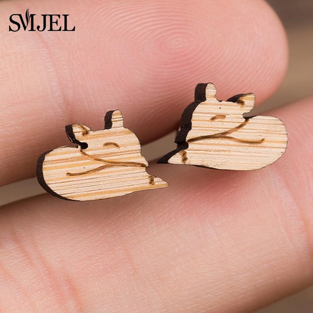 SMJEL Wood Earings Jewelry Cute Animal Fox Stud Earring for Women Girls Kids Mickey Ear Earrings Piercing Pendients Party Gifts