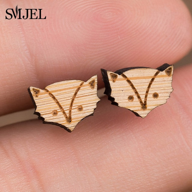 SMJEL Wood Earings Jewelry Cute Animal Fox Stud Earring for Women Girls Kids Mickey Ear Earrings Piercing Pendients Party Gifts