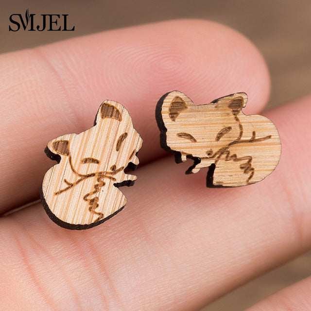 SMJEL Wood Earings Jewelry Cute Animal Fox Stud Earring for Women Girls Kids Mickey Ear Earrings Piercing Pendients Party Gifts