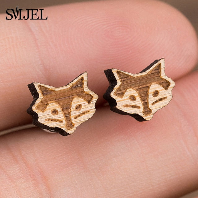 SMJEL Wood Earings Jewelry Cute Animal Fox Stud Earring for Women Girls Kids Mickey Ear Earrings Piercing Pendients Party Gifts