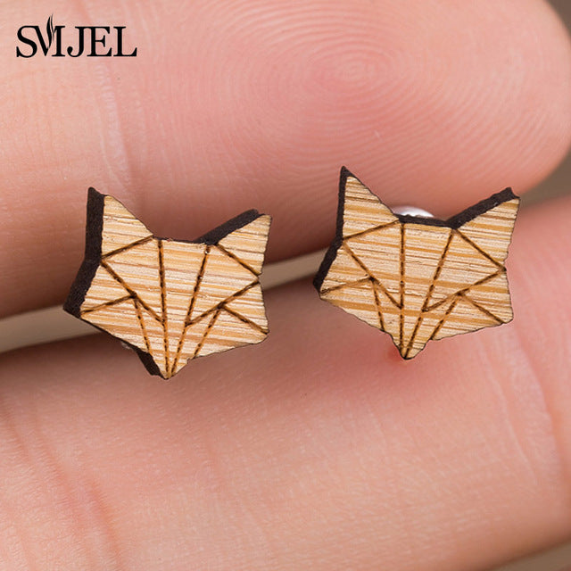 SMJEL Wood Earings Jewelry Cute Animal Fox Stud Earring for Women Girls Kids Mickey Ear Earrings Piercing Pendients Party Gifts