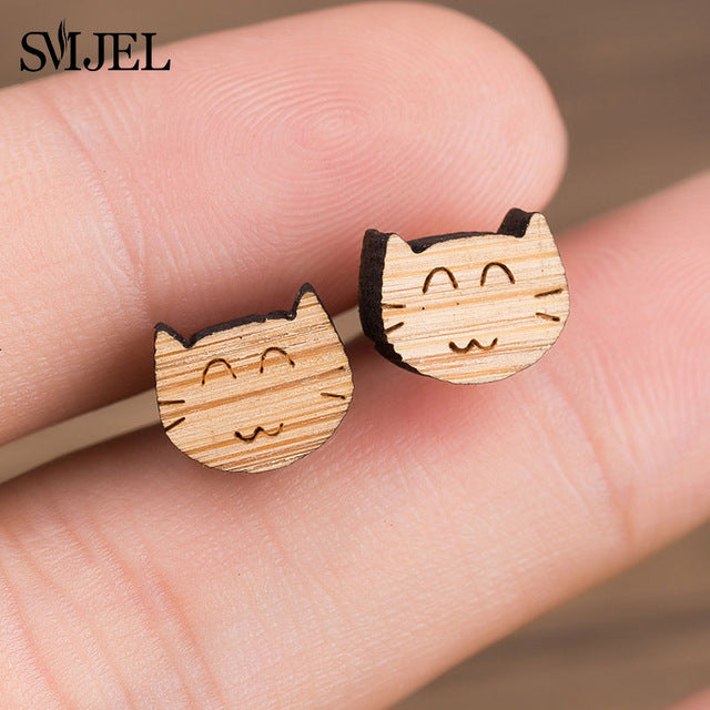 SMJEL Wood Earings Jewelry Cute Animal Fox Stud Earring for Women Girls Kids Mickey Ear Earrings Piercing Pendients Party Gifts