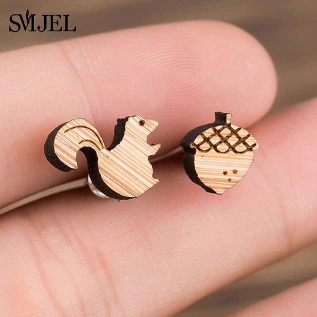 SMJEL Wood Earings Jewelry Cute Animal Fox Stud Earring for Women Girls Kids Mickey Ear Earrings Piercing Pendients Party Gifts