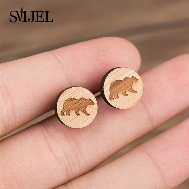 SMJEL Wood Earings Jewelry Cute Animal Fox Stud Earring for Women Girls Kids Mickey Ear Earrings Piercing Pendients Party Gifts