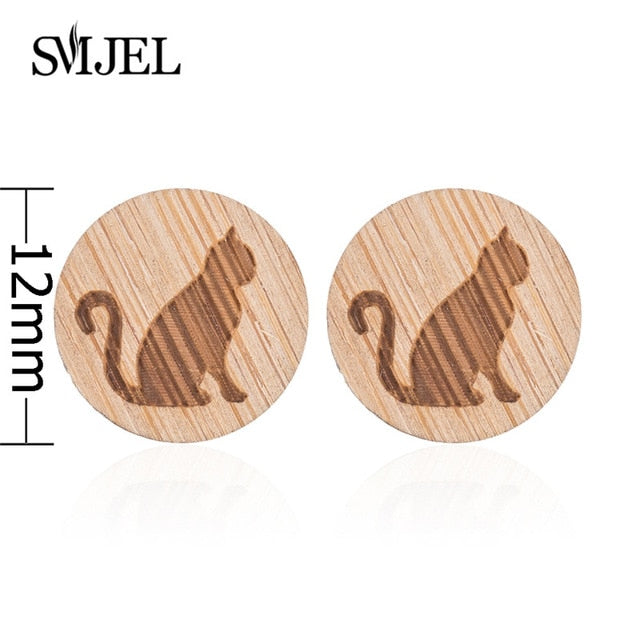 SMJEL Wood Earings Jewelry Cute Animal Fox Stud Earring for Women Girls Kids Mickey Ear Earrings Piercing Pendients Party Gifts