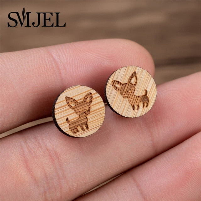 SMJEL Wood Earings Jewelry Cute Animal Fox Stud Earring for Women Girls Kids Mickey Ear Earrings Piercing Pendients Party Gifts